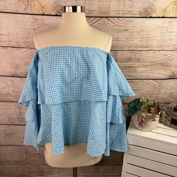 NWT MLM Label Mesa Shoulder Top Gingham Blue White Ruffle‎ Layered Size Small - Picture 1 of 9